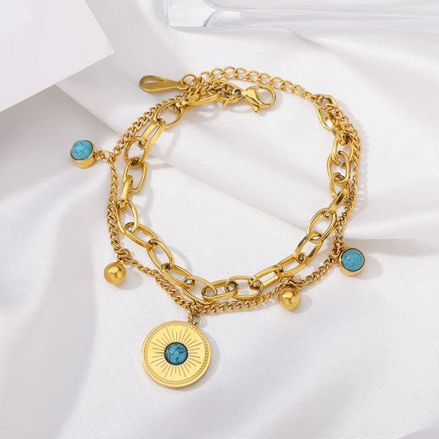 Vintage Sun Coin Turquoise Double Layer Bracelet, Hypoallergenic Titanium Steel Boho Chain Bangle