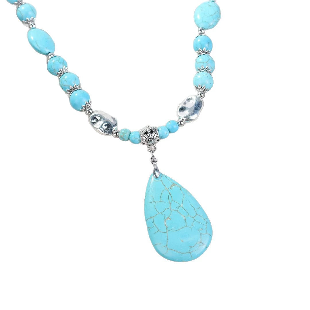 Southwest Ethnic Natural Cracked Turquoise Drop C Pendant Mid-Length Beaded Sweater Chain Irregular Silver Accent Beads Retro Western Cowgirl Casual Jewelry