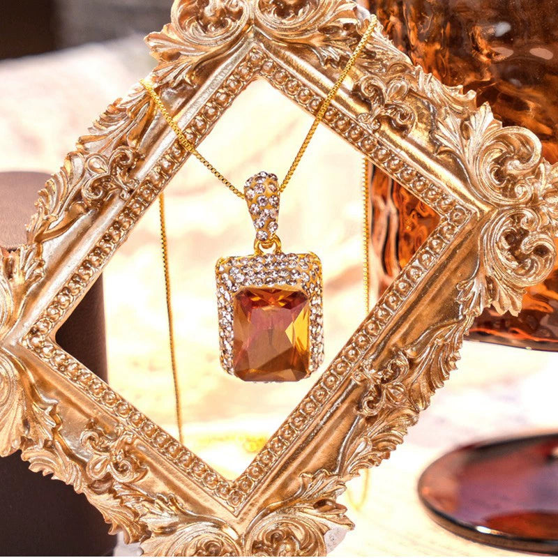 Mood Color Change Sunstone Sultanite Pendant Necklace Champagne Orange Rectangle Gem Micro Zircon Wrapped Gold Plated Dainty Snake Chain Elegant Ladies Gift Necklace