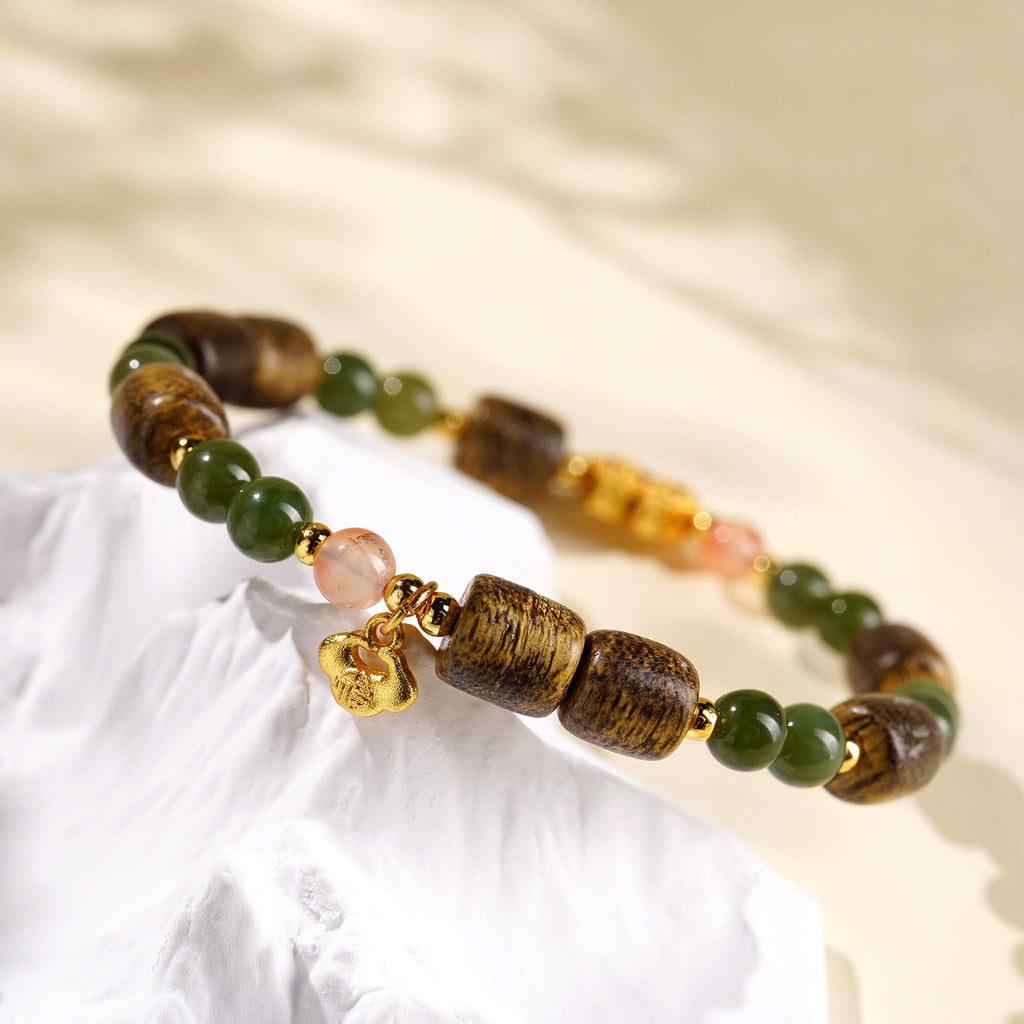 Natural Agarwood Barrel Bead Bracelet with Green Nephrite Jade, South Red Agate & Gold Ruyi Lock Charm, Elastic Chinese Vintage Bracelet for Men Women, Good Luck Meditation Bracelet