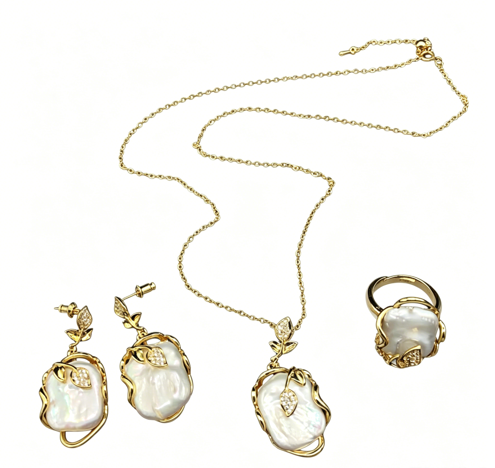 Gold-Plated Baroque Pearl Jewelry Set: Necklace, Earrings & Adjustable Ring
