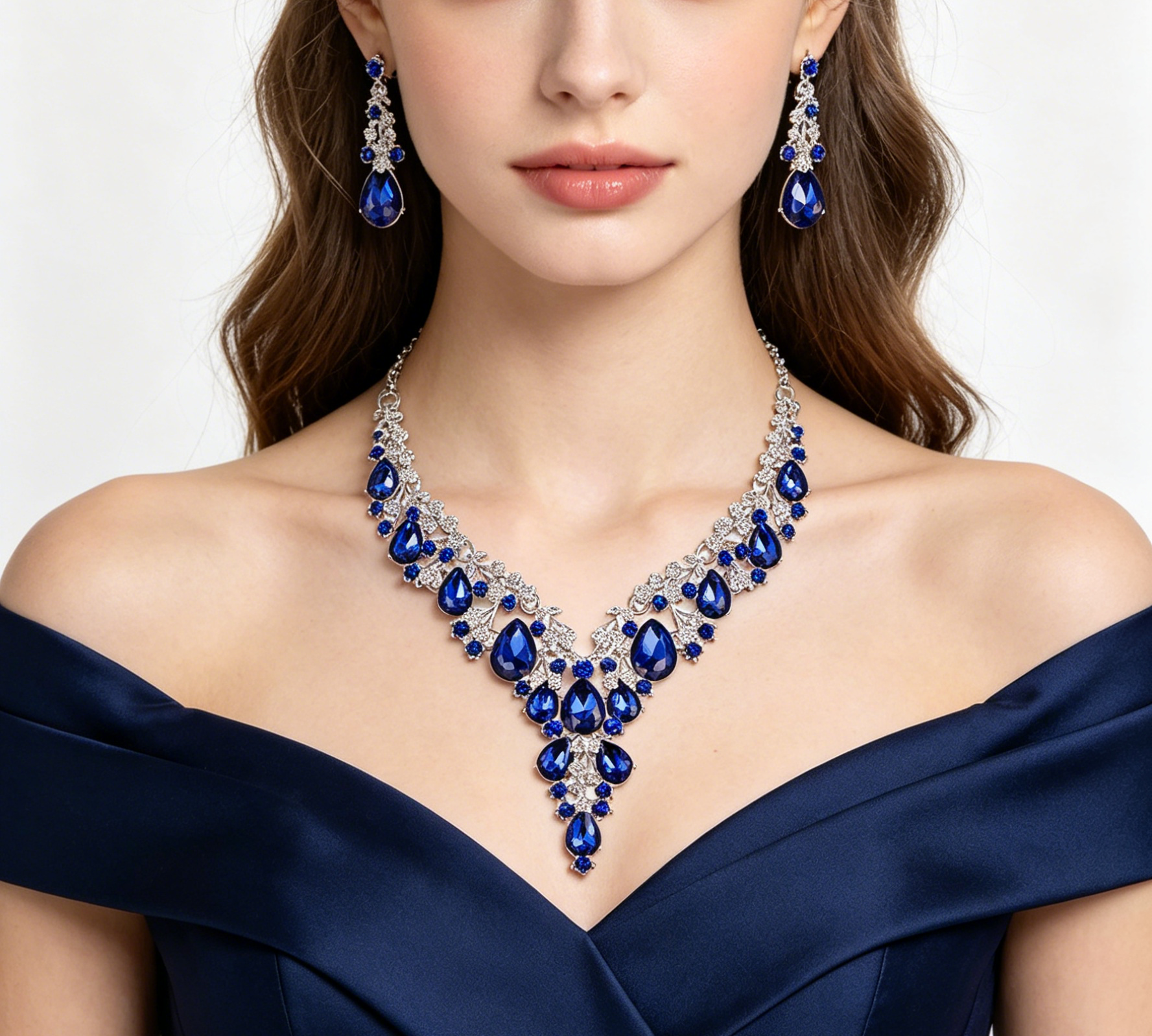 Teardrop Crystal Statement Necklace & Earrings Set, Adjustable Chain