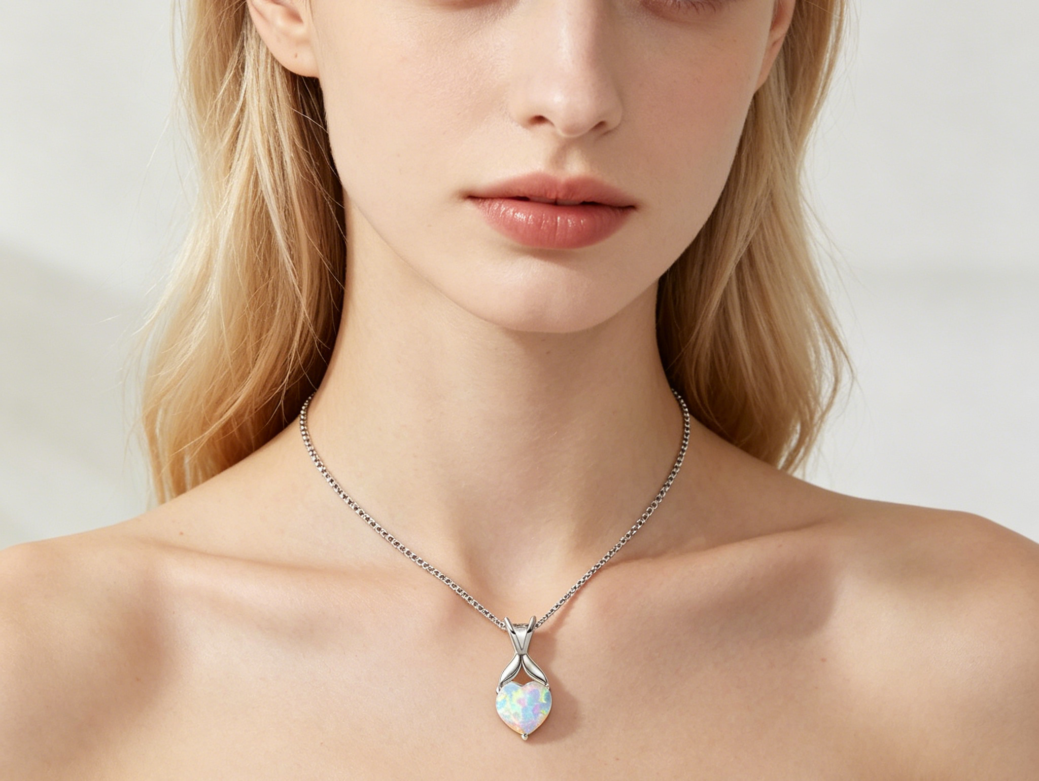 White Gold Plated Heart Opal Pendant Necklace