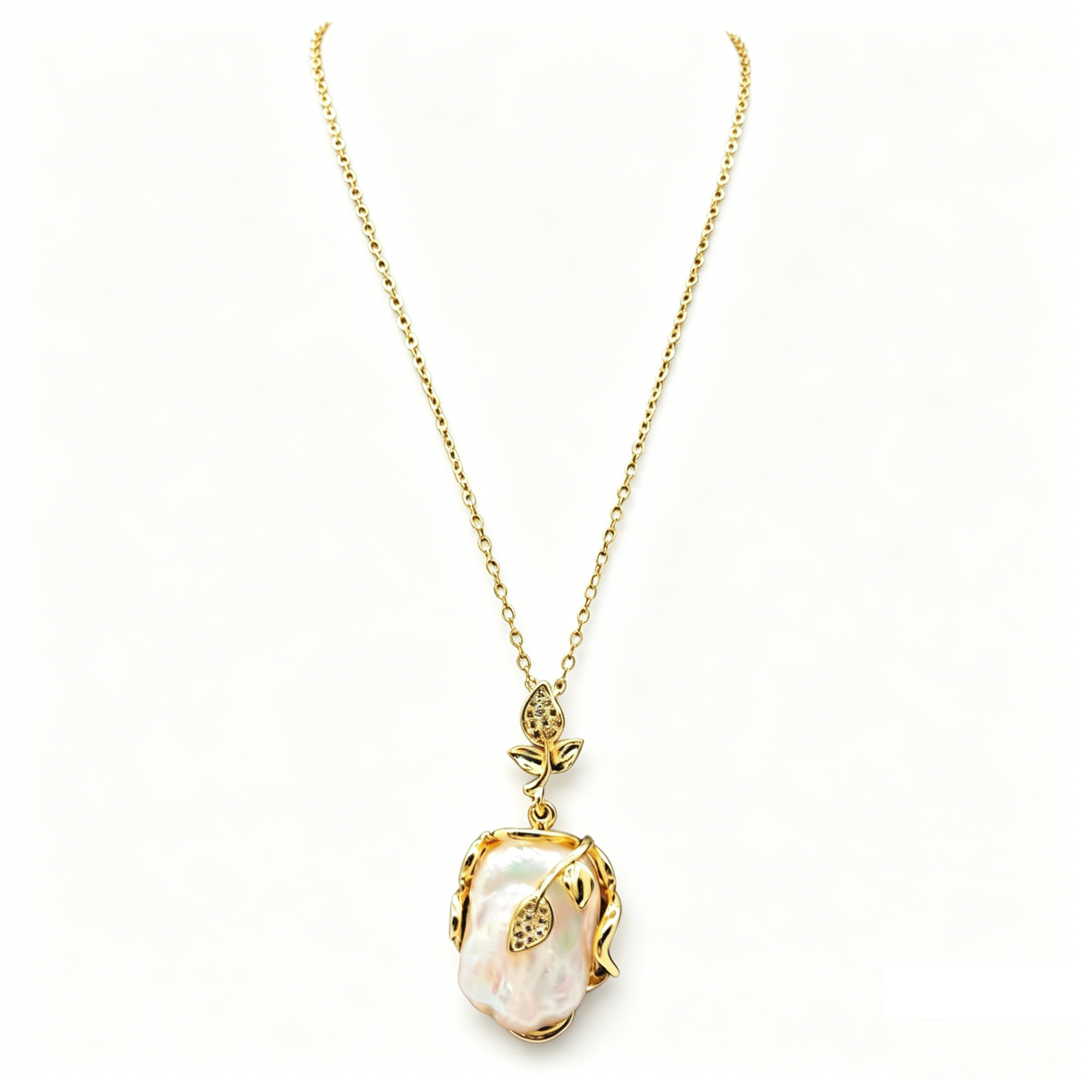 Gold-Plated Baroque Pearl Jewelry Set: Necklace, Earrings & Adjustable Ring