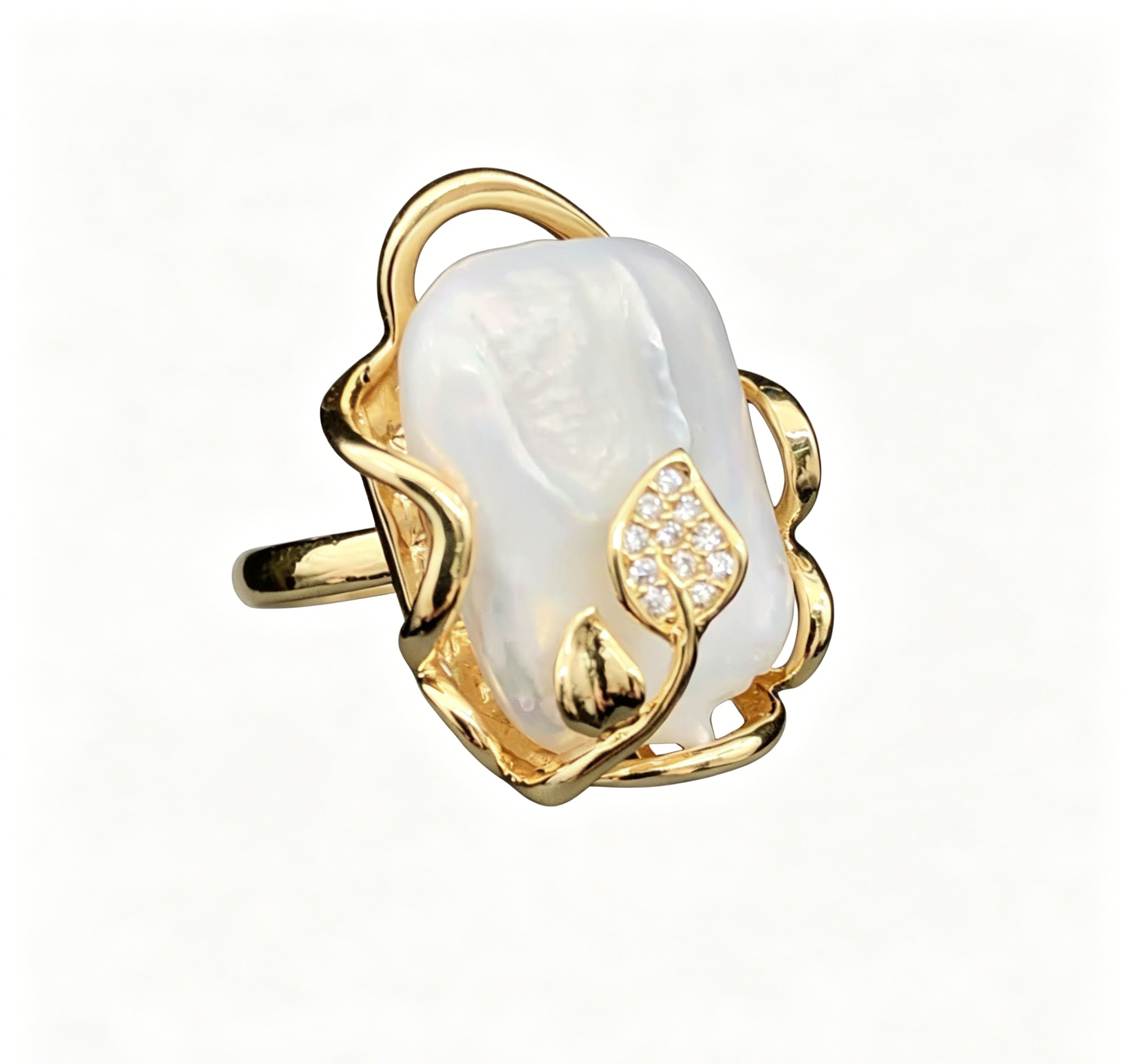 Gold-Plated Baroque Pearl Jewelry Set: Necklace, Earrings & Adjustable Ring