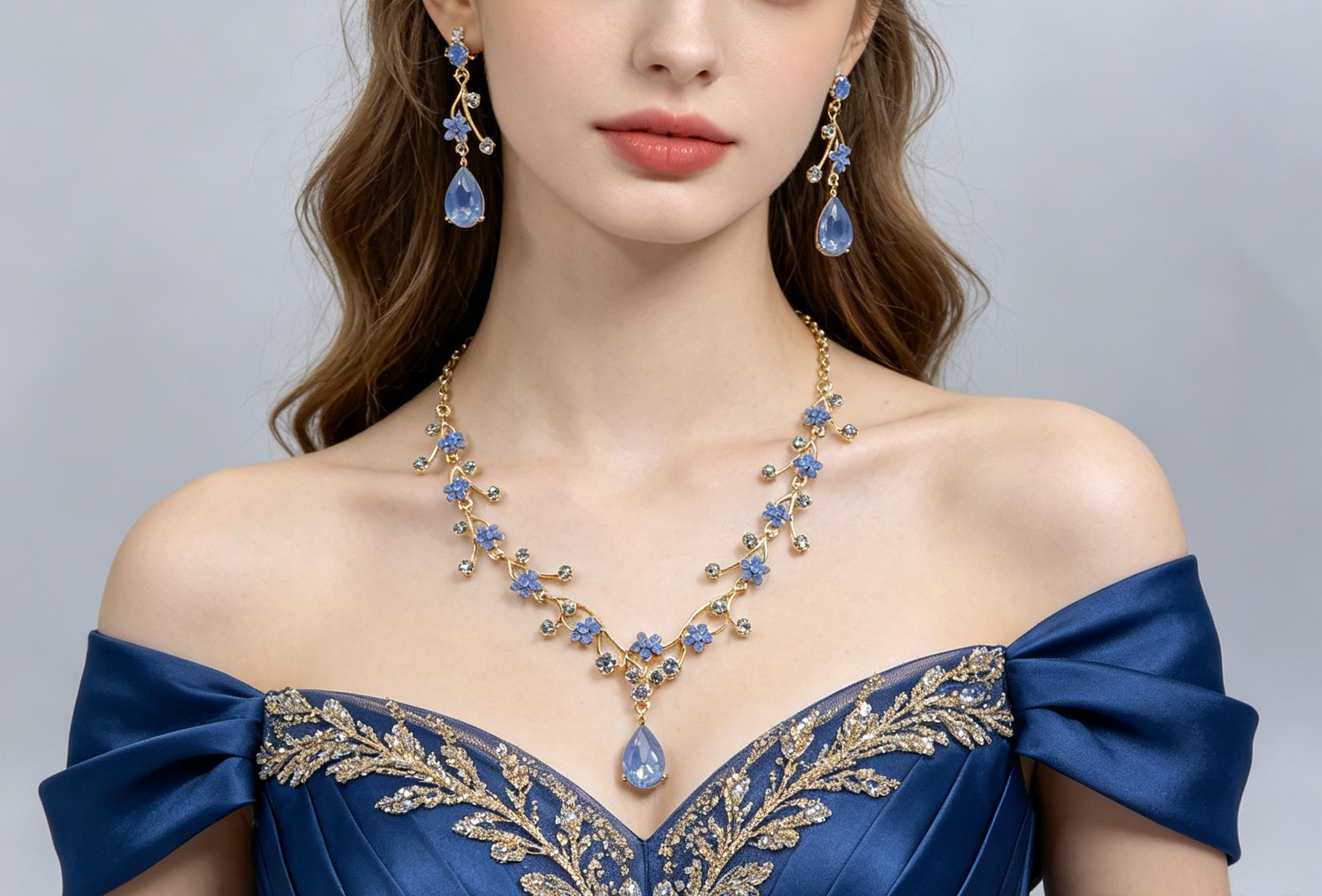Floral Crystal Jewelry Set: Necklace & Drop Earrings