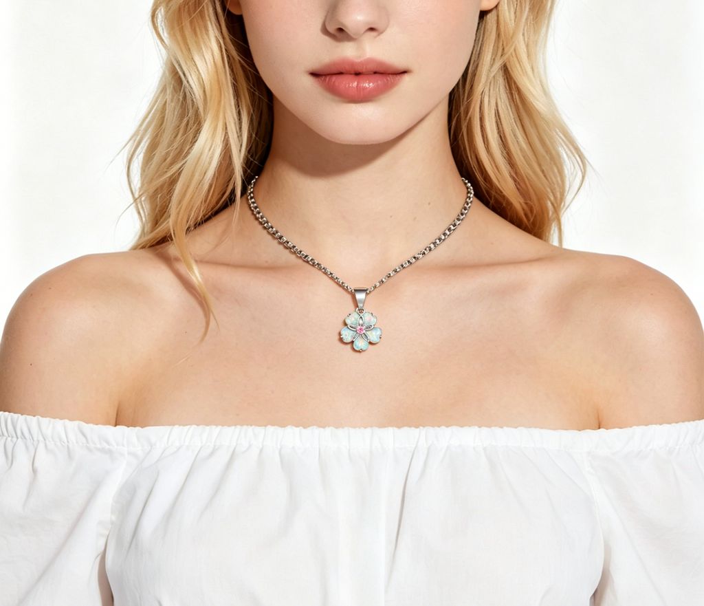 Collar colgante ópalo floral con circonita cúbica rosa central