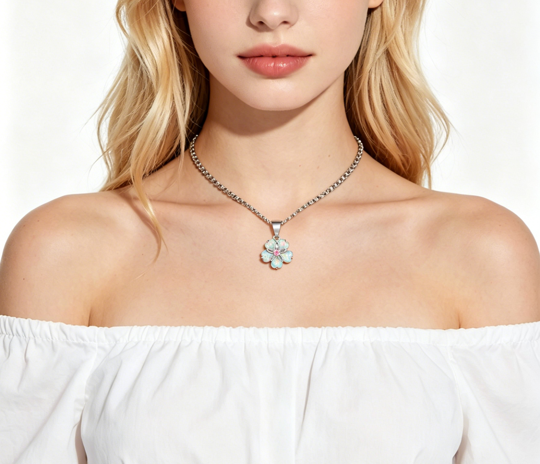 Floral Opal Pendant Necklace with Pink CZ Center