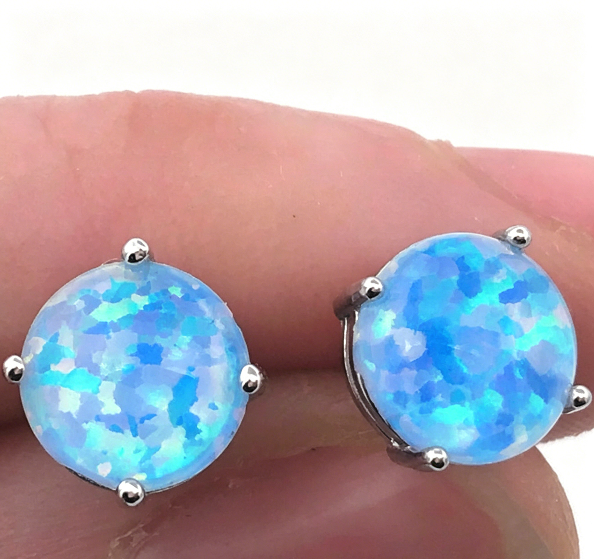 Mini Round Opal Stud Earrings, Sterling Silver Plated