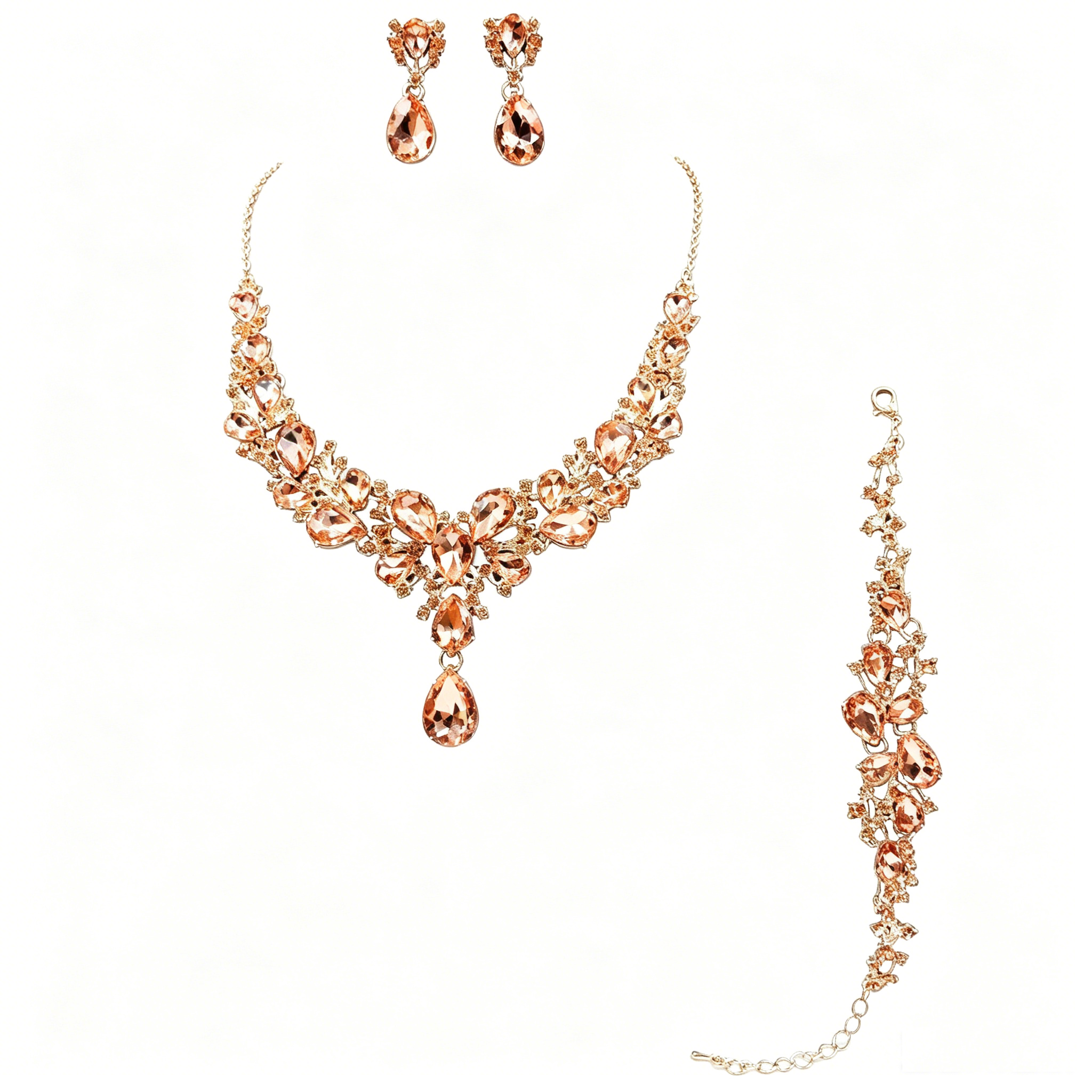 Teardrop Crystal Statement Jewelry Set: Necklace, Earrings & Bracelet