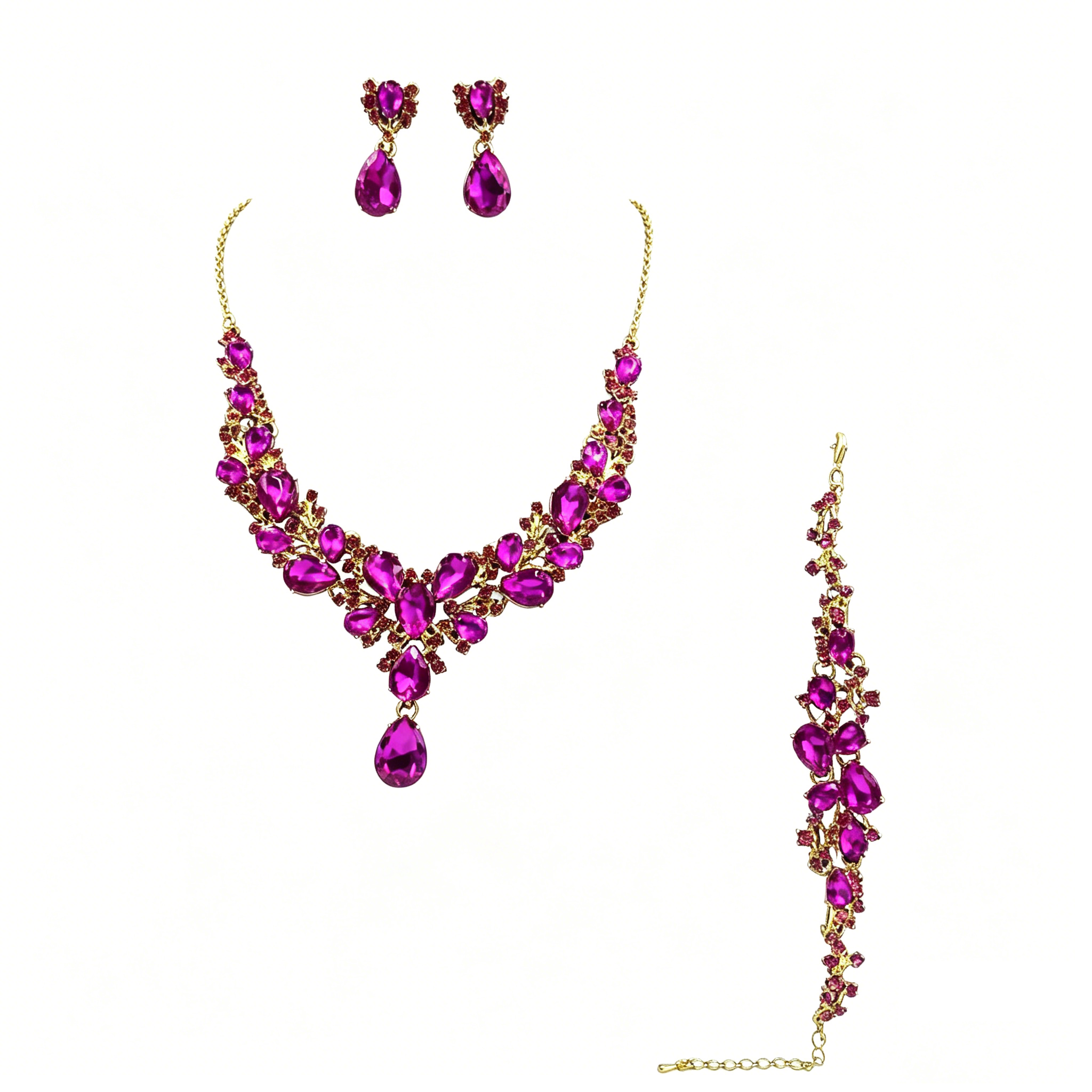 Teardrop Crystal Statement Jewelry Set: Necklace, Earrings & Bracelet