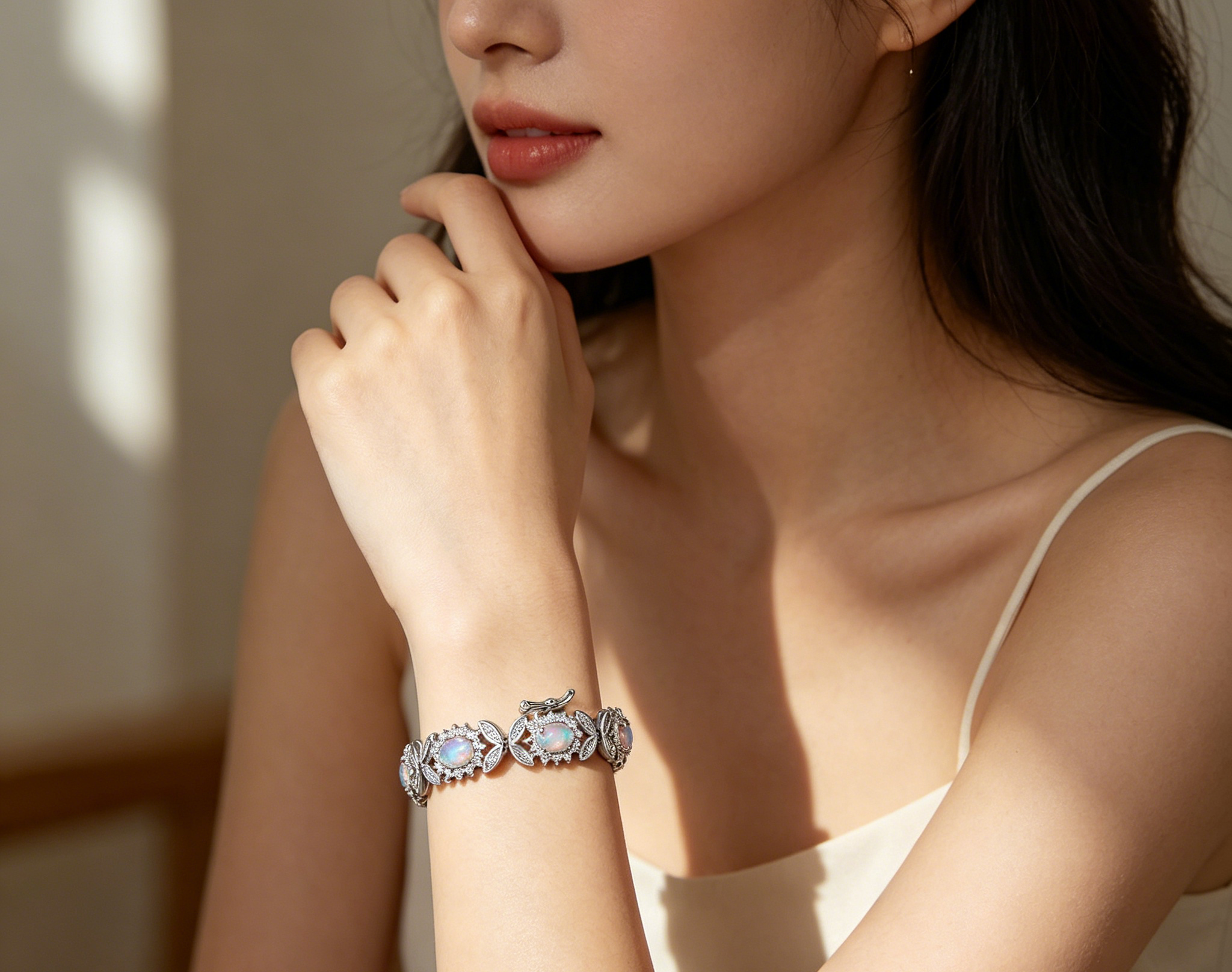 Pulsera de tenis de ópalo de plata de ley 925, pulsera de eslabones florales con halo de circonita cúbica