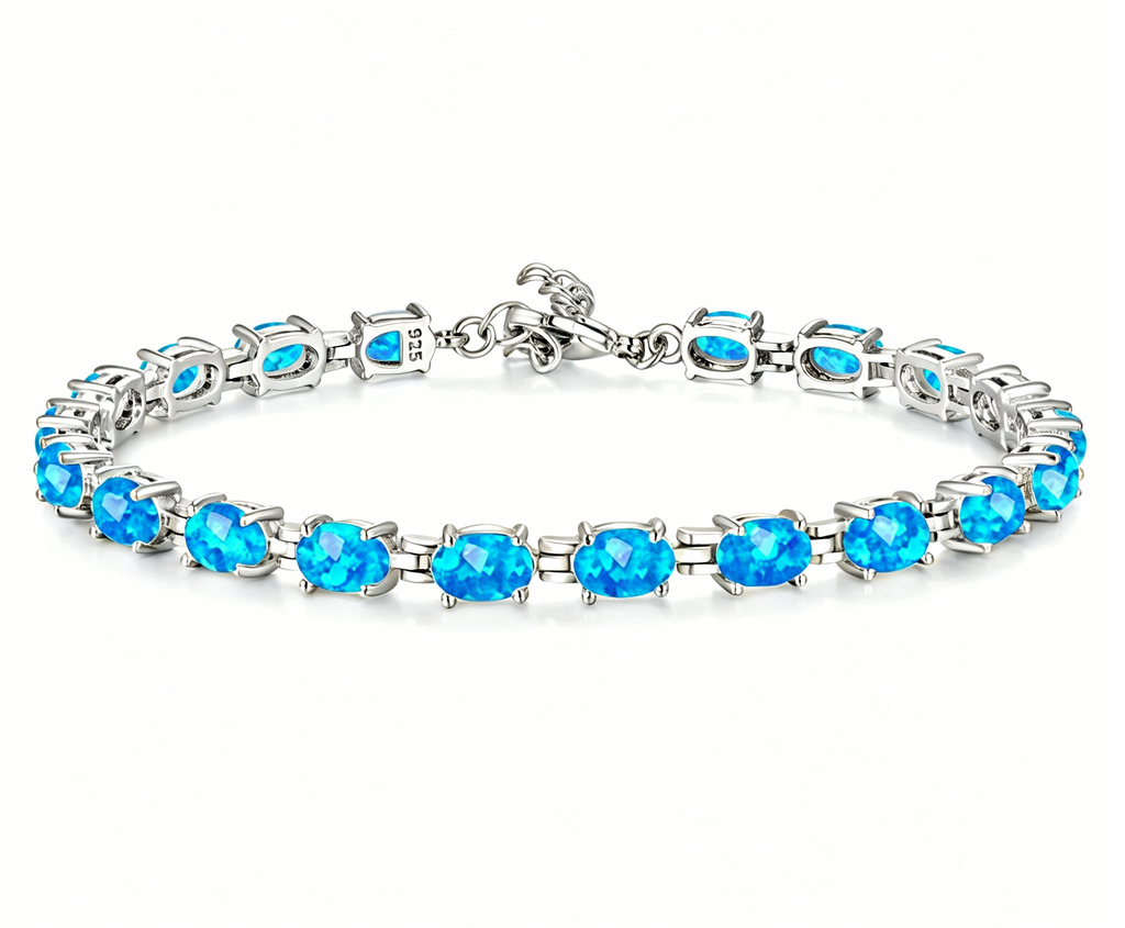 Pulsera de tenis de ópalo azul de plata de ley 925
