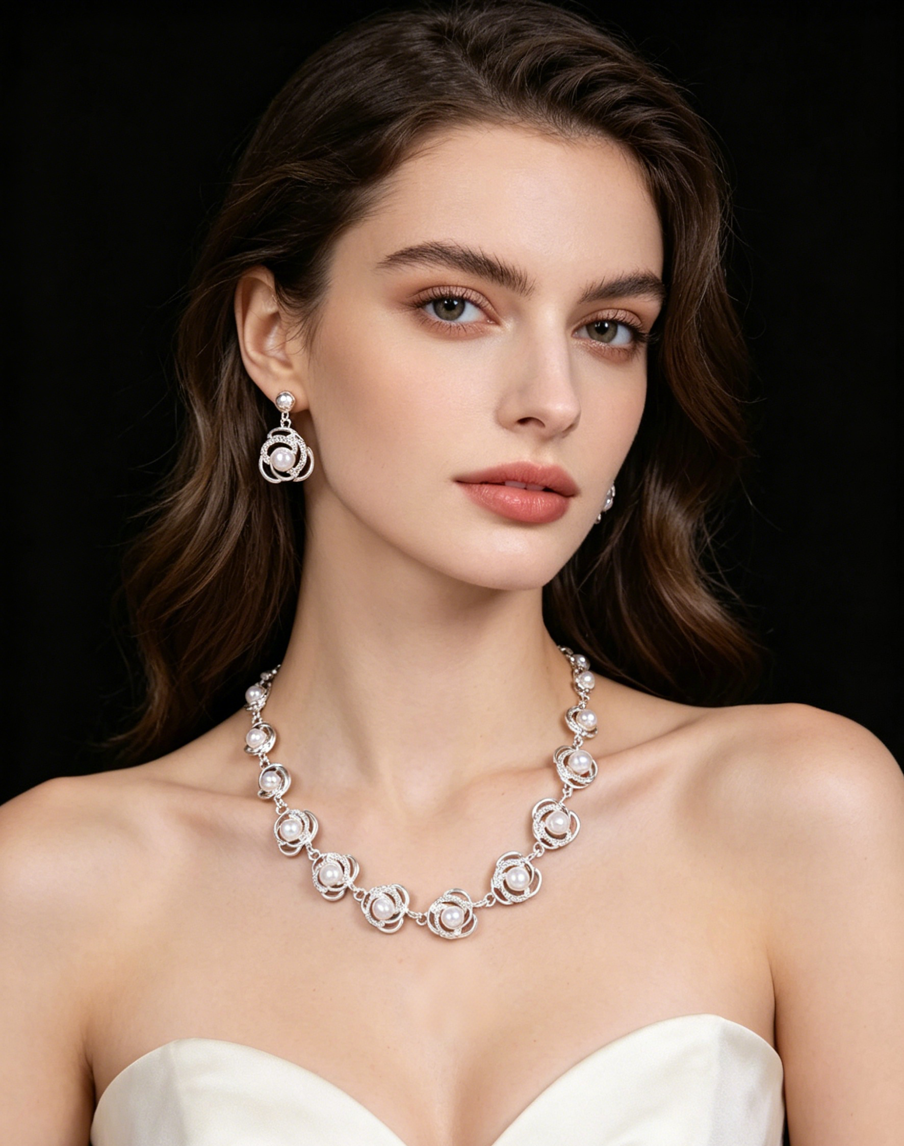 Juego de joyas de perlas con espiral de rosa de 2 colores, chapado en oro y plata, hipoalergénico, collar de perlas con diamantes de imitación y pendientes colgantes para mujer, para bodas o eventos formales.