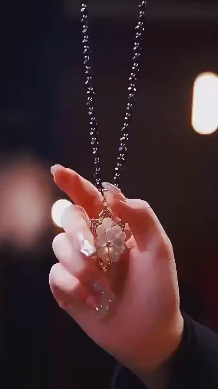 Floral Crystal Teardrop Pendant Long Sweater Necklace Black Bead Chain Gold Plated Women Vintage Jewelry
