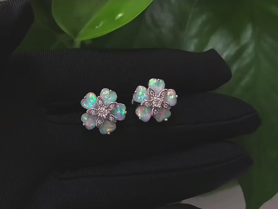 Opal Flower Stud Earrings, White Created Opal Floral Earrings with Cubic Zirconia, Silver Tone Flower Clip On Earrings for Women