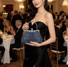 Iridescent Blue Hand Beaded Sequin Clutch, Vintage Evening Wedding Top Handle Crossbody Purse