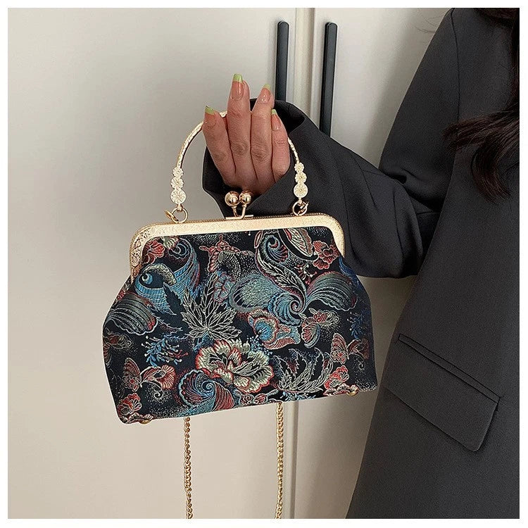Vintage Embroidery Kiss Lock Clutch Handbag, Chinese Floral Butterfly Brocade Evening Bag Detachable Gold Chain Crossbody Purse for Wedding Party