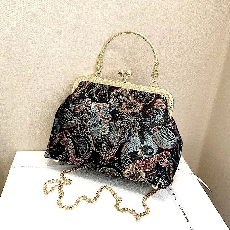Vintage Embroidery Kiss Lock Clutch Handbag, Chinese Floral Butterfly Brocade Evening Bag Detachable Gold Chain Crossbody Purse for Wedding Party