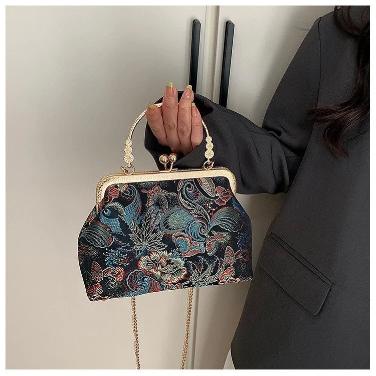 Vintage Embroidery Kiss Lock Clutch Handbag, Chinese Floral Butterfly Brocade Evening Bag Detachable Gold Chain Crossbody Purse for Wedding Party