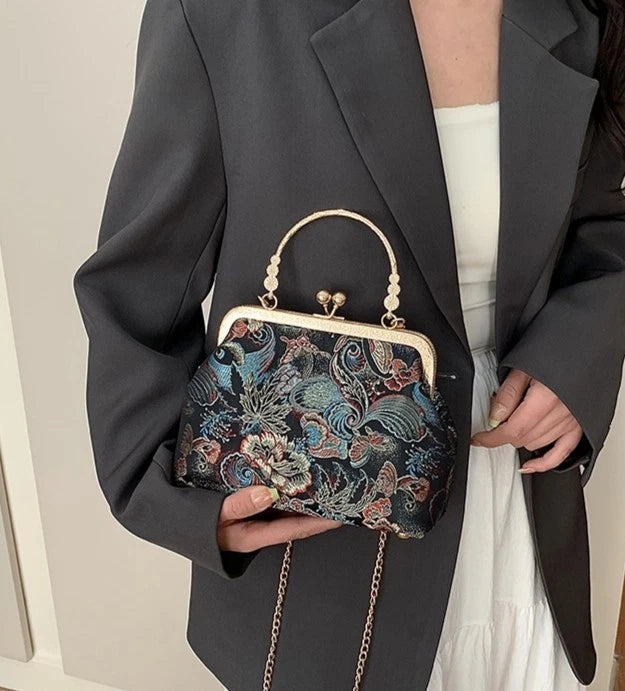 Vintage Embroidery Kiss Lock Clutch Handbag, Chinese Floral Butterfly Brocade Evening Bag Detachable Gold Chain Crossbody Purse for Wedding Party