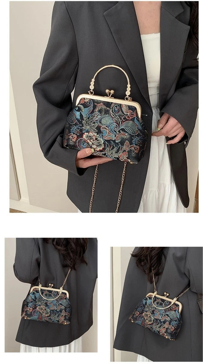 Vintage Embroidery Kiss Lock Clutch Handbag, Chinese Floral Butterfly Brocade Evening Bag Detachable Gold Chain Crossbody Purse for Wedding Party