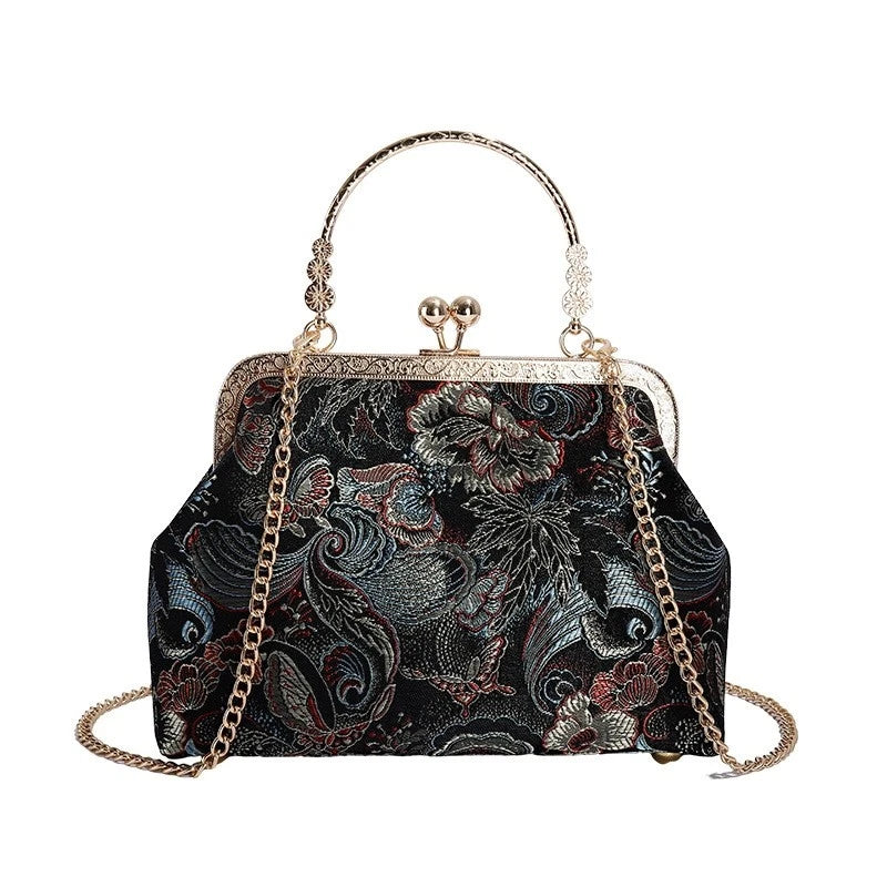 Vintage Embroidery Kiss Lock Clutch Handbag, Chinese Floral Butterfly Brocade Evening Bag Detachable Gold Chain Crossbody Purse for Wedding Party