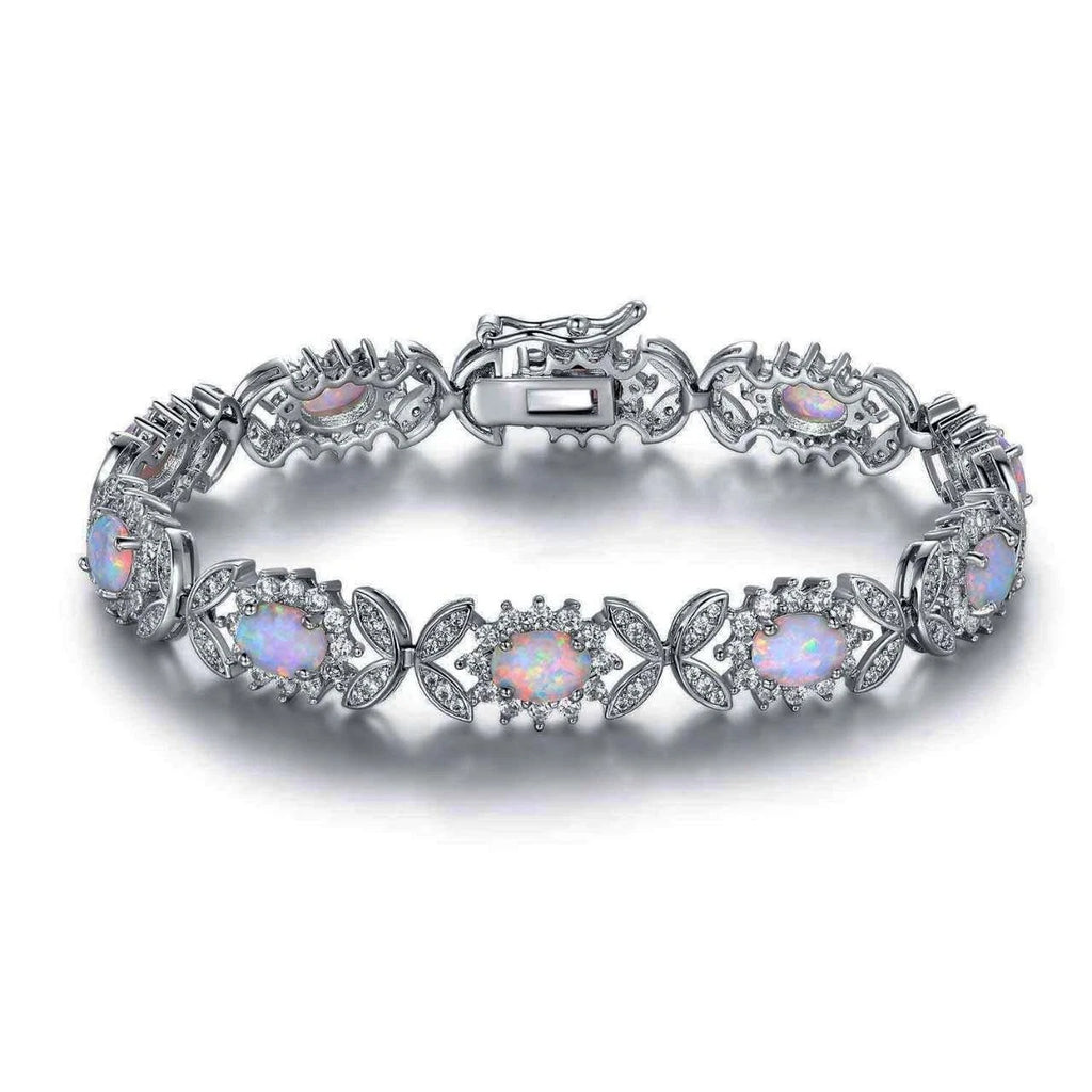 925 silver bracelet with opal, floral link bracelet set with cubic zirconia