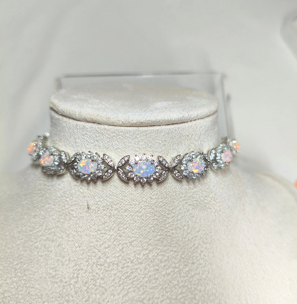 925 silver bracelet with opal, floral link bracelet set with cubic zirconia