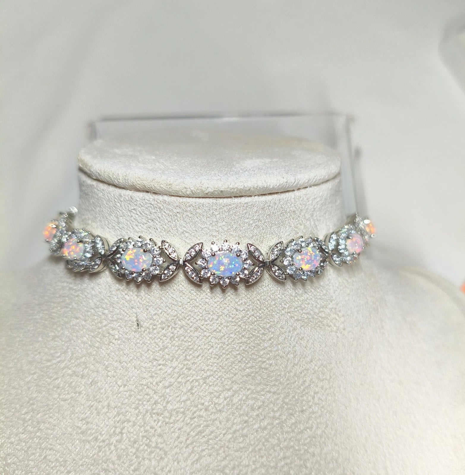 925 silver bracelet with opal, floral link bracelet set with cubic zirconia
