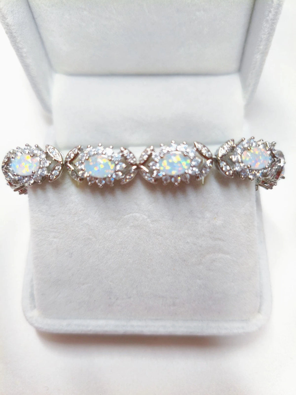 925 silver bracelet with opal, floral link bracelet set with cubic zirconia