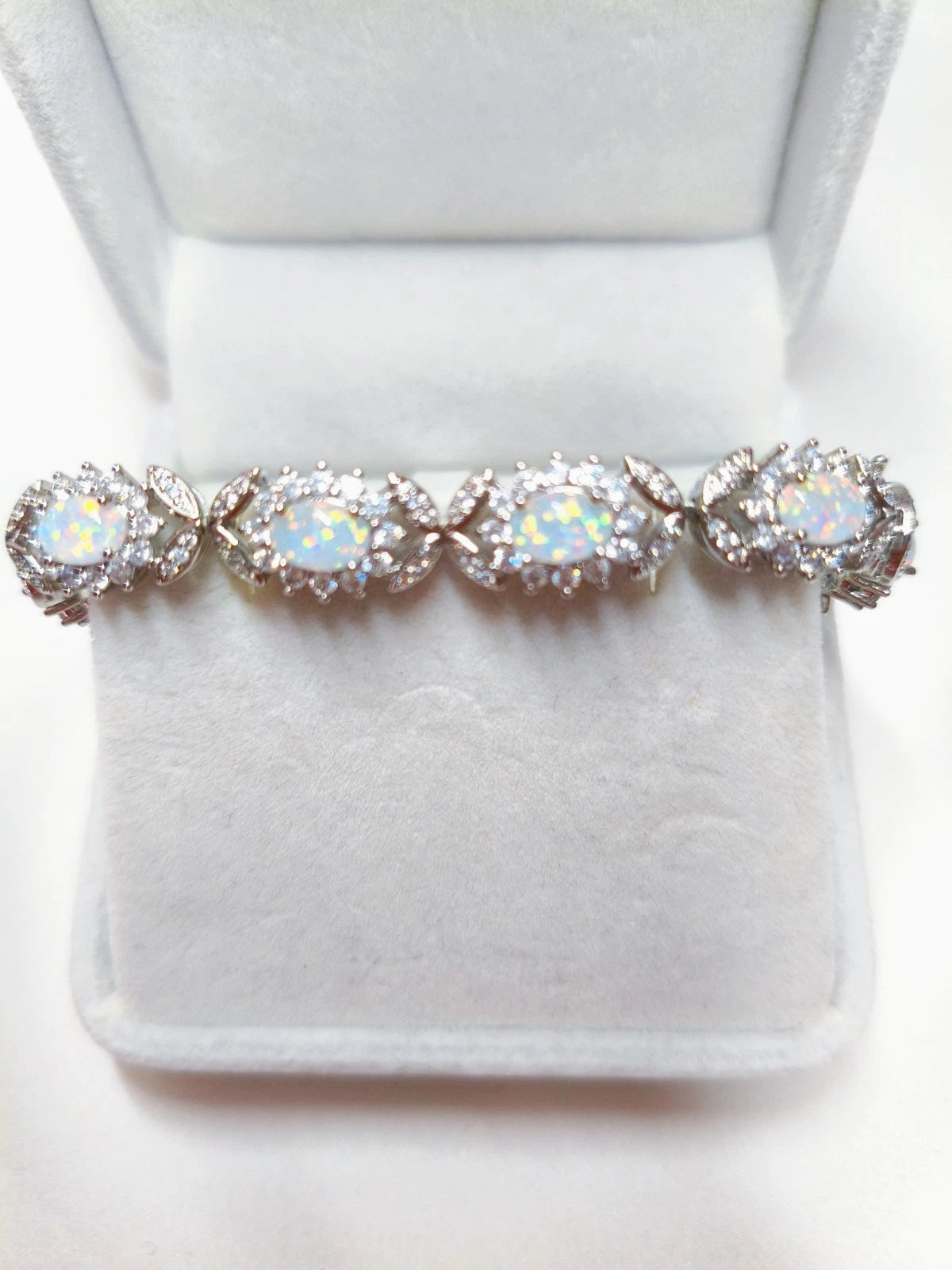 925 silver bracelet with opal, floral link bracelet set with cubic zirconia