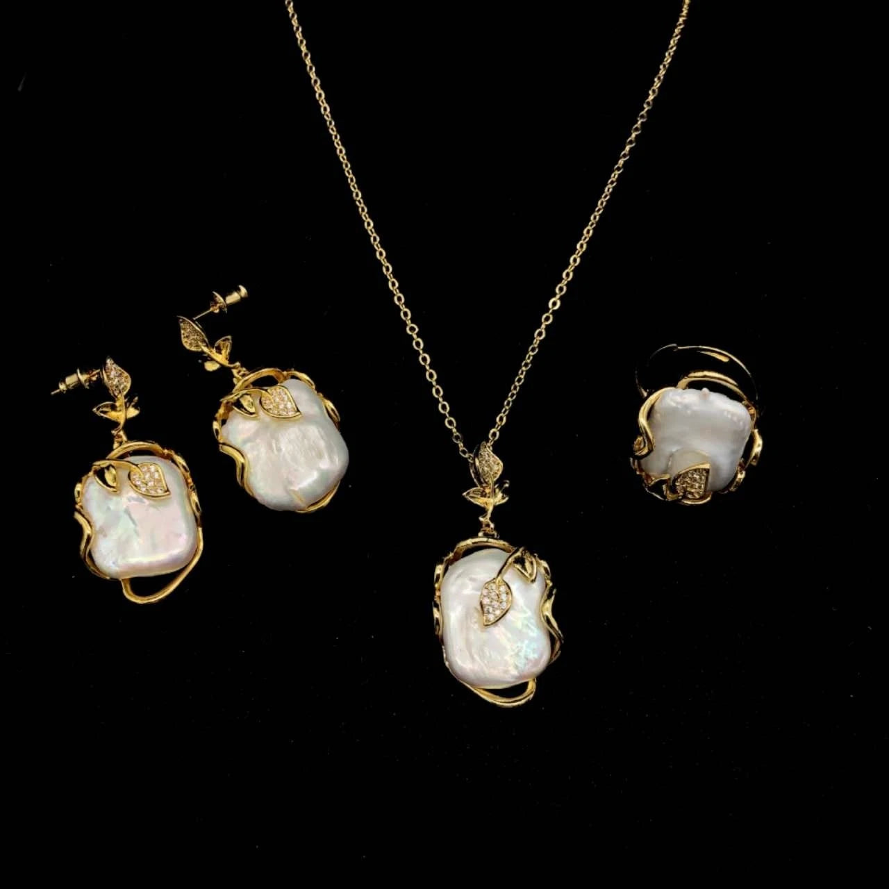 3-Piece Natural Baroque Pearl Jewelry Set, 18K Gold Plated, French Style
