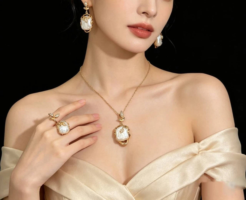 3-Piece Natural Baroque Pearl Jewelry Set, 18K Gold Plated, French Style