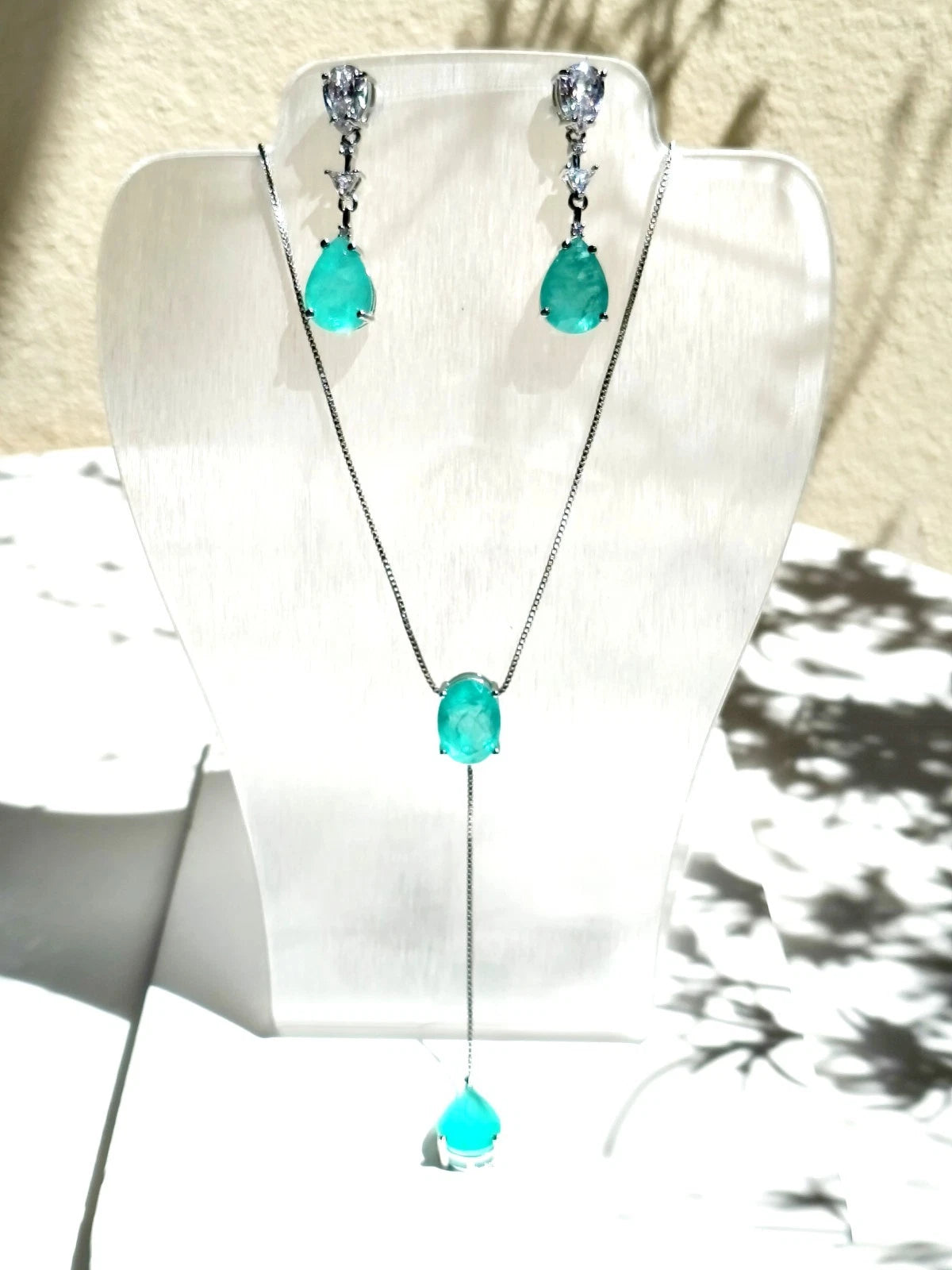 Paraiba Tourmaline Simulated Jewelry Set: Lariat Necklace & Drop Earrings, Hypoallergenic