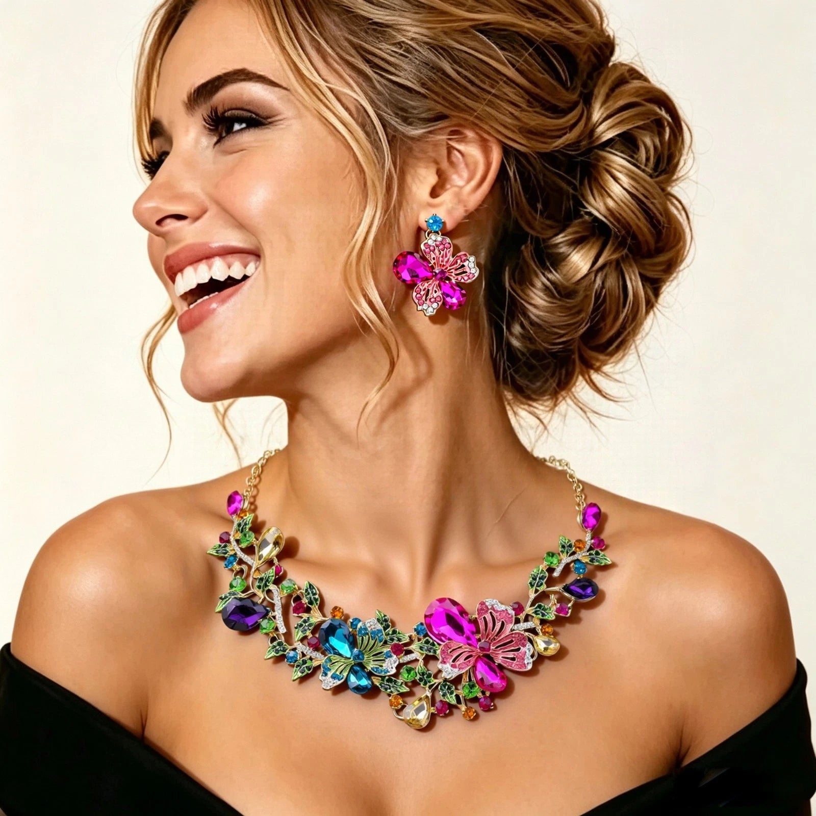 Conjunto de 2 piezas con patrón de flores y circonitas AAA a la moda