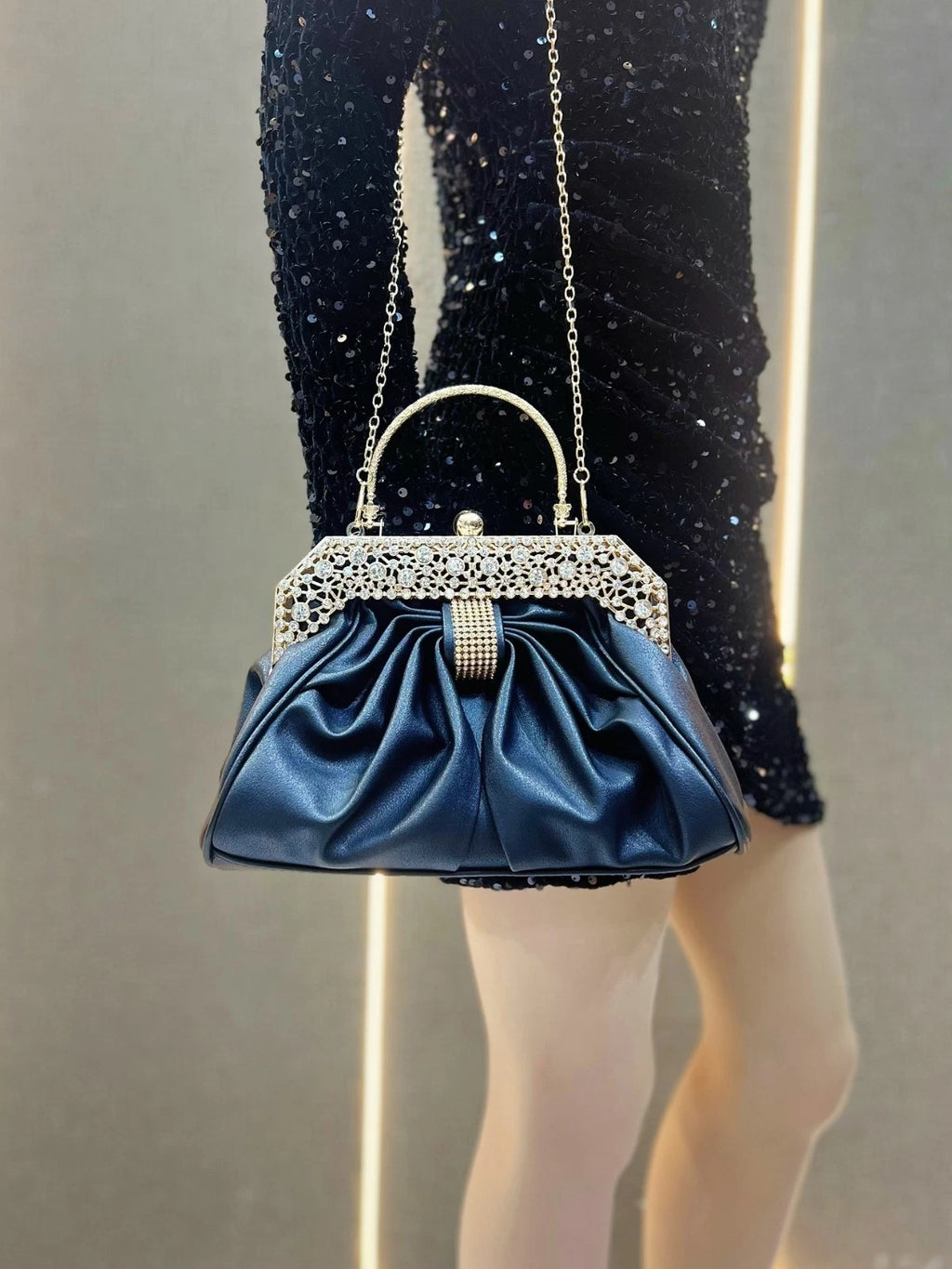 Crystal Embellished Faux Leather Evening Clutch Bag with Rhinestone Handle, Black/Silver, Bridal Handbag