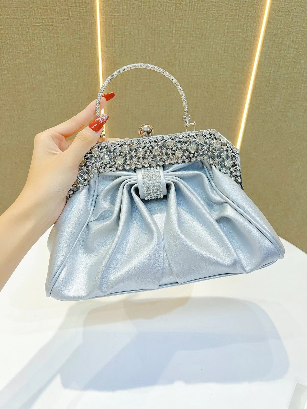 Crystal Embellished Faux Leather Evening Clutch Bag with Rhinestone Handle, Black/Silver, Bridal Handbag