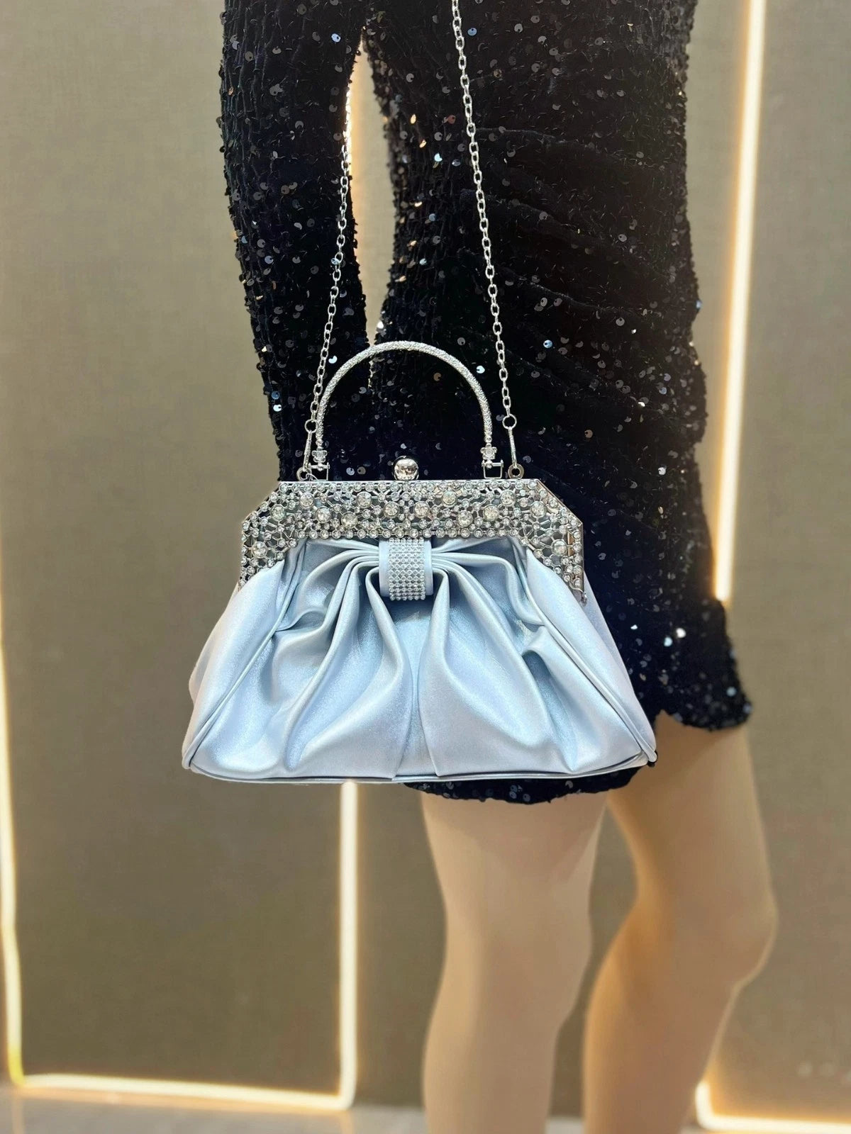 Crystal Embellished Faux Leather Evening Clutch Bag with Rhinestone Handle, Black/Silver, Bridal Handbag