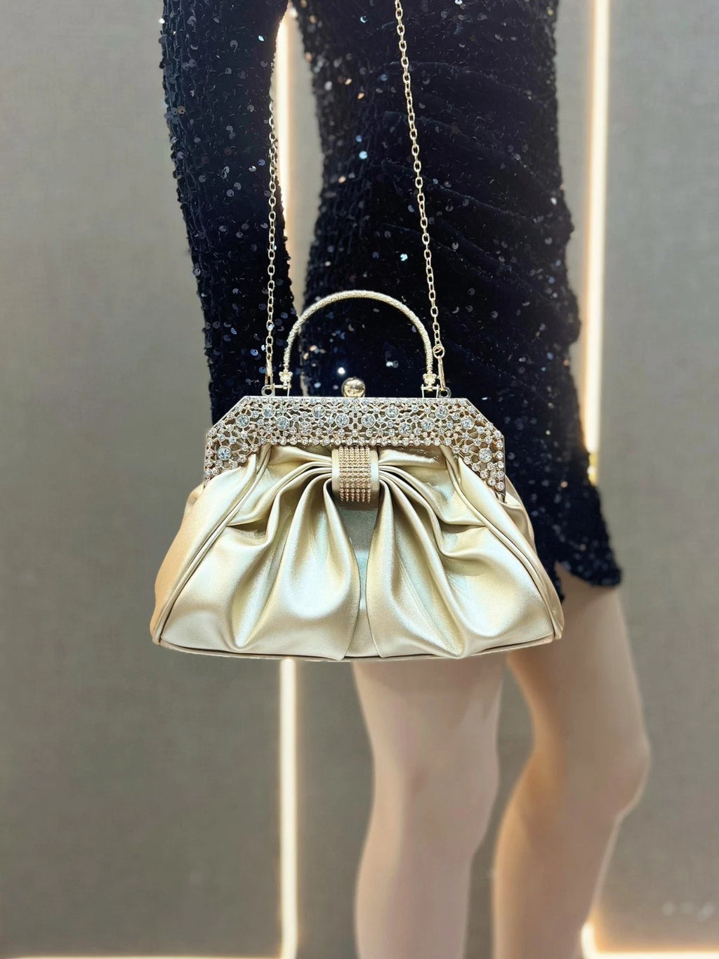 Crystal Embellished Faux Leather Evening Clutch Bag with Rhinestone Handle, Black/Silver, Bridal Handbag