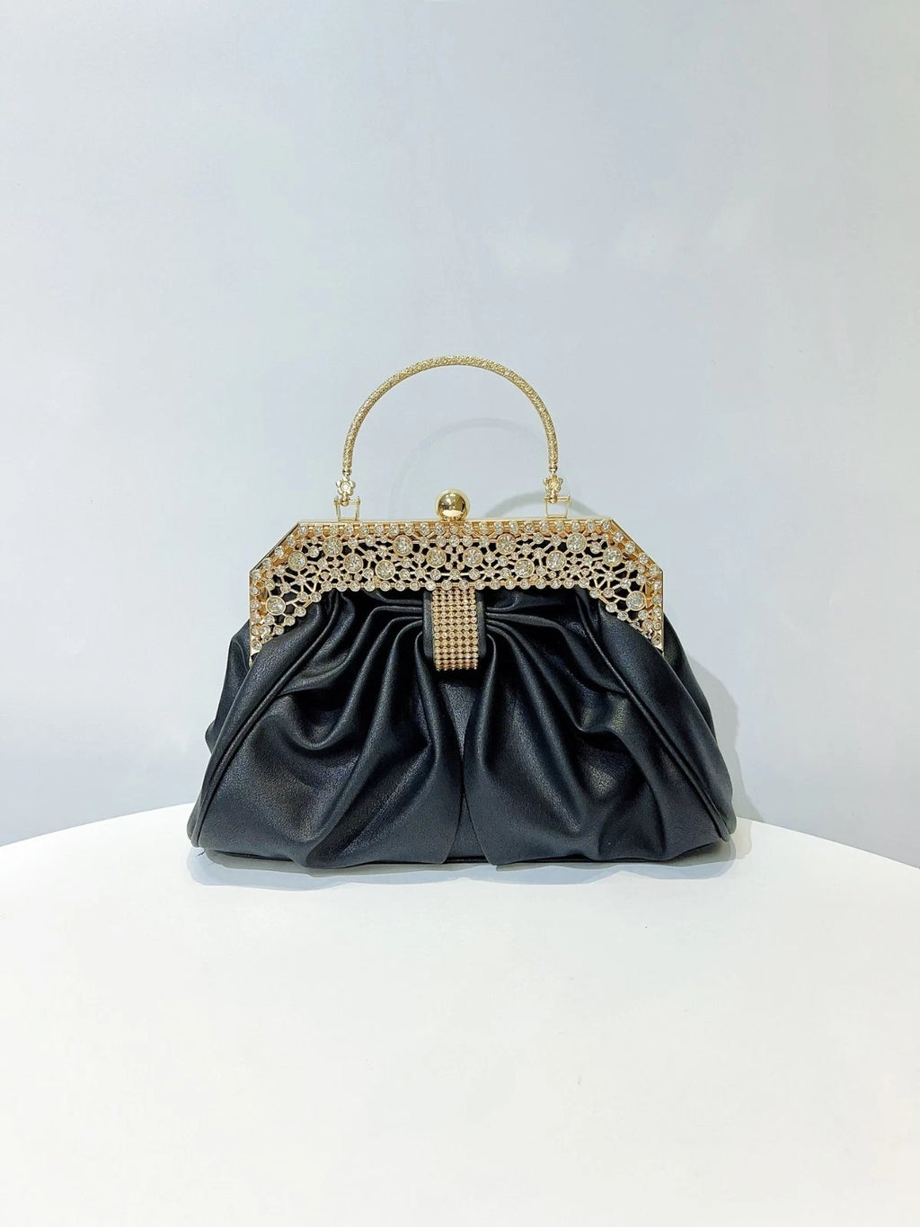 Crystal Embellished Faux Leather Evening Clutch Bag with Rhinestone Handle, Black/Silver, Bridal Handbag