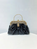 Crystal Embellished Faux Leather Evening Clutch Bag with Rhinestone Handle, Black/Silver, Bridal Handbag