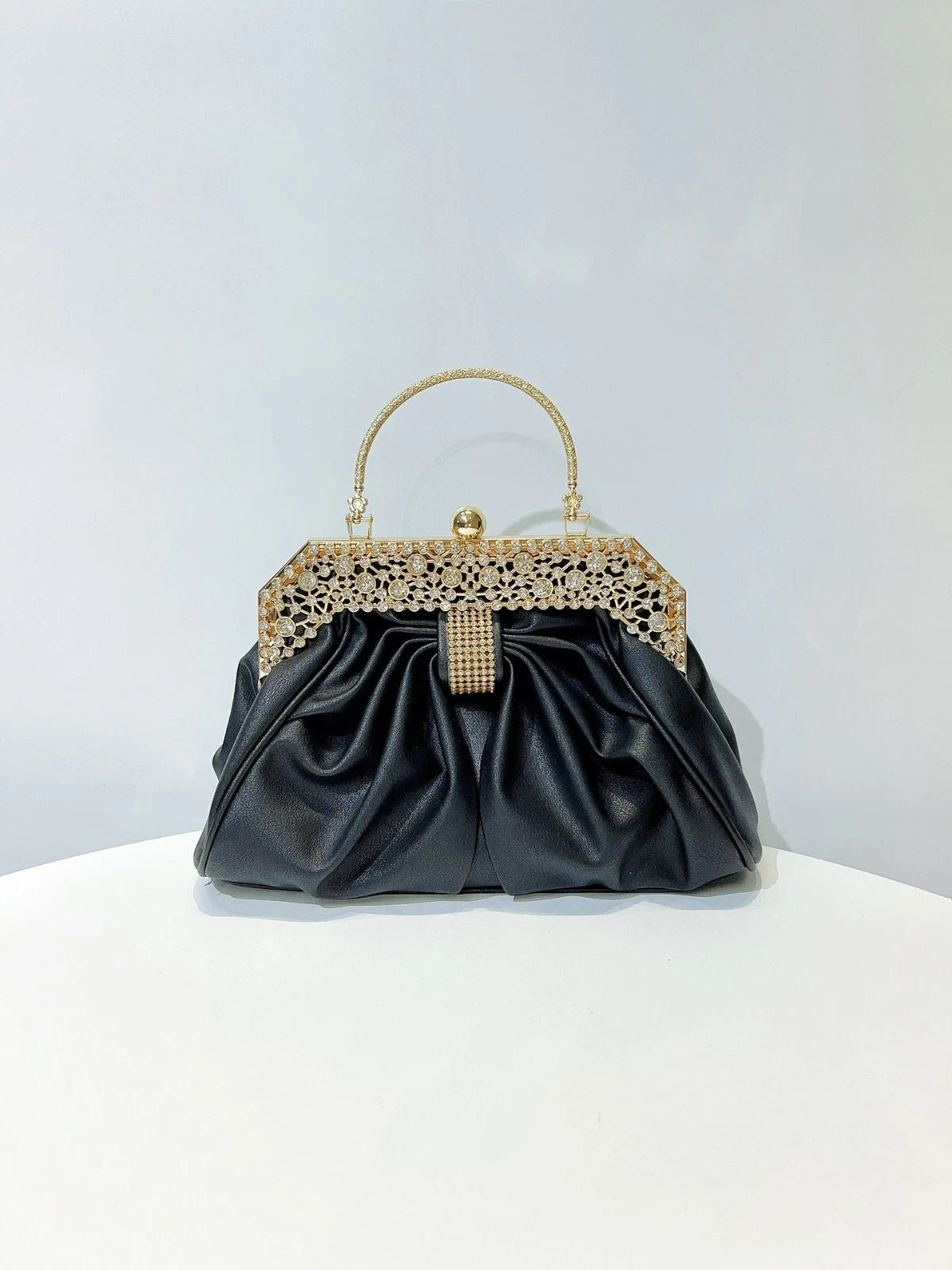 Crystal Embellished Faux Leather Evening Clutch Bag with Rhinestone Handle, Black/Silver, Bridal Handbag