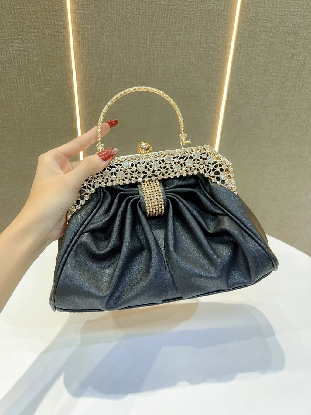 Crystal Embellished Faux Leather Evening Clutch Bag with Rhinestone Handle, Black/Silver, Bridal Handbag