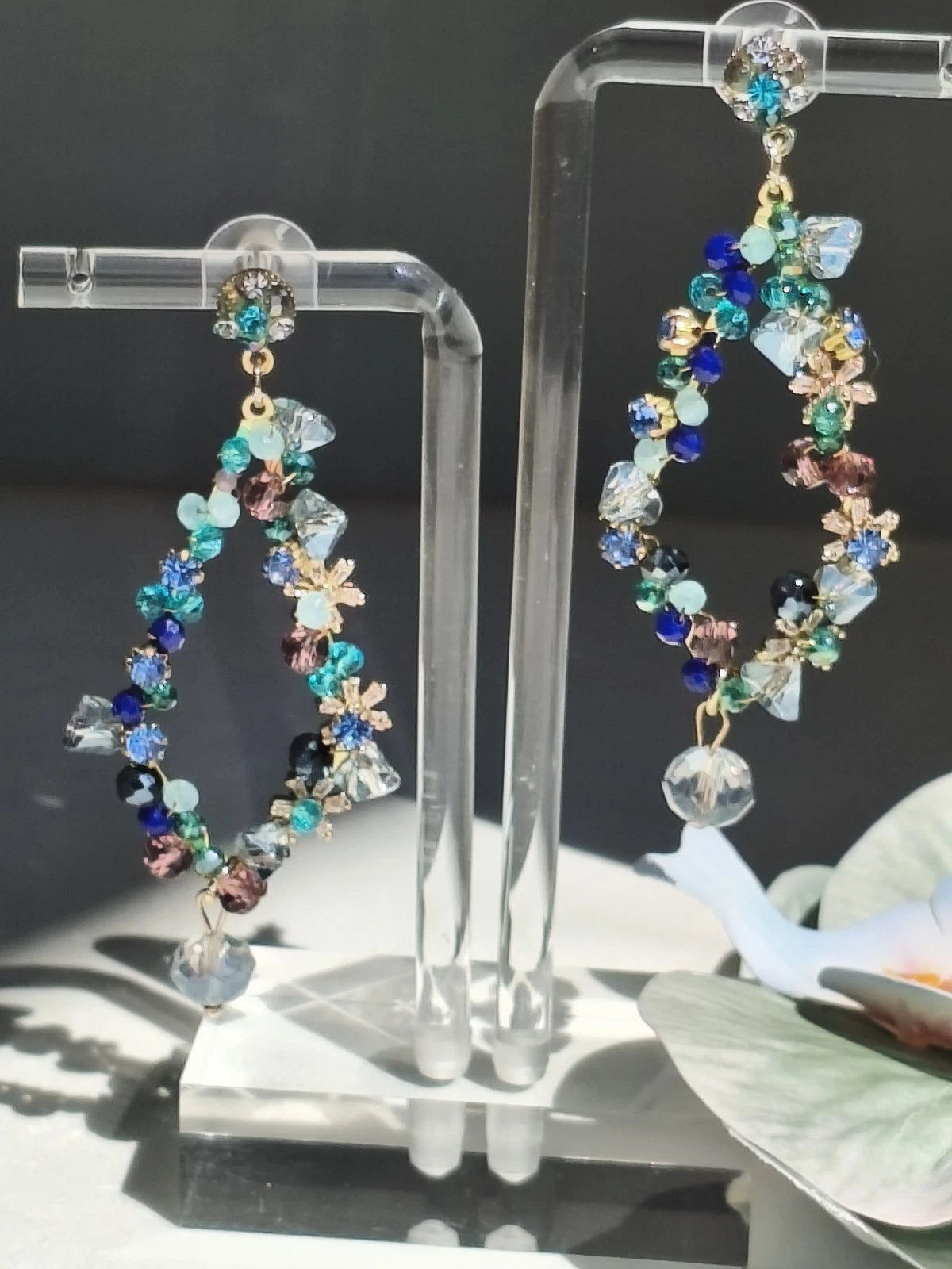 Bohemian Multicolor Crystal Beaded Hoop Drop Earrings, Hypoallergenic Gold Plated Dangle Earrings