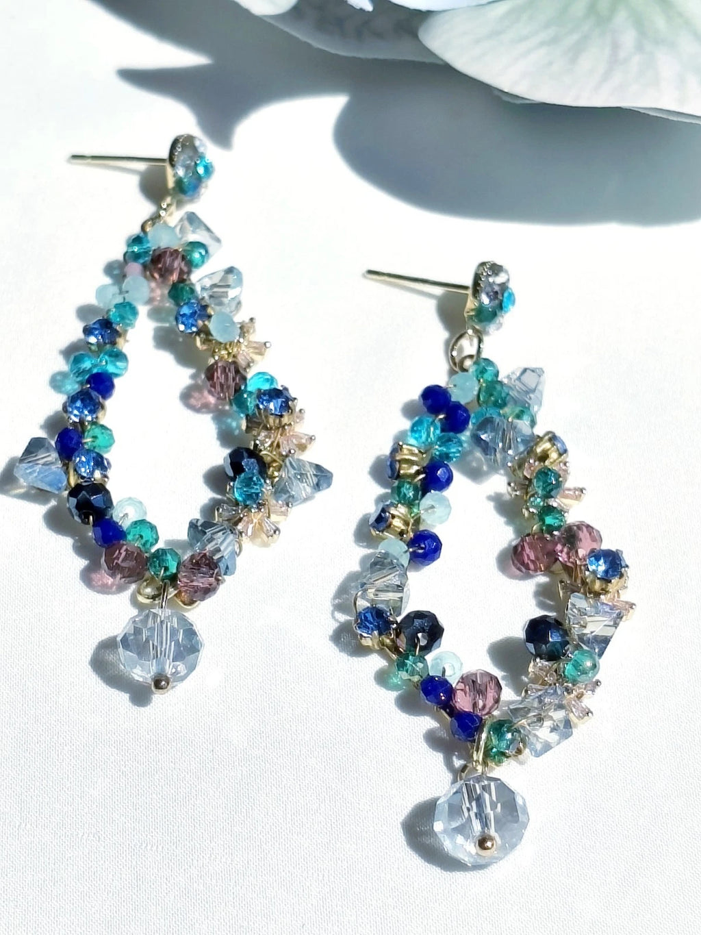 Bohemian Multicolor Crystal Beaded Hoop Drop Earrings, Hypoallergenic Gold Plated Dangle Earrings