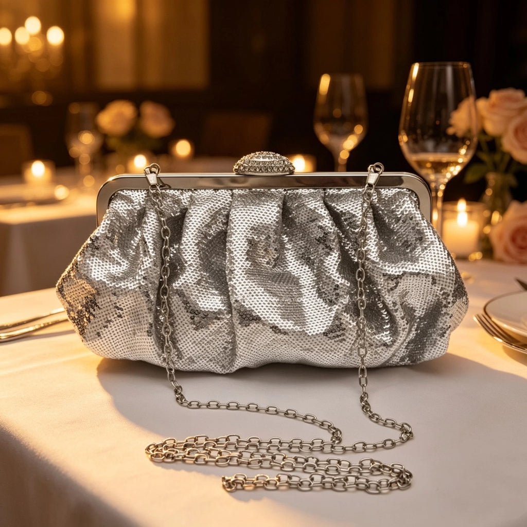 Silver Sequin Kiss Lock Evening Clutch Bag with Crystal Clasp & Detachable Chain Strap