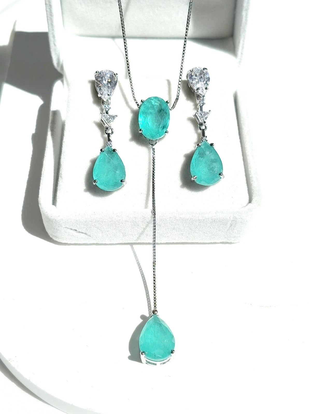 Paraiba Tourmaline Simulated Jewelry Set: Lariat Necklace & Drop Earrings, Hypoallergenic