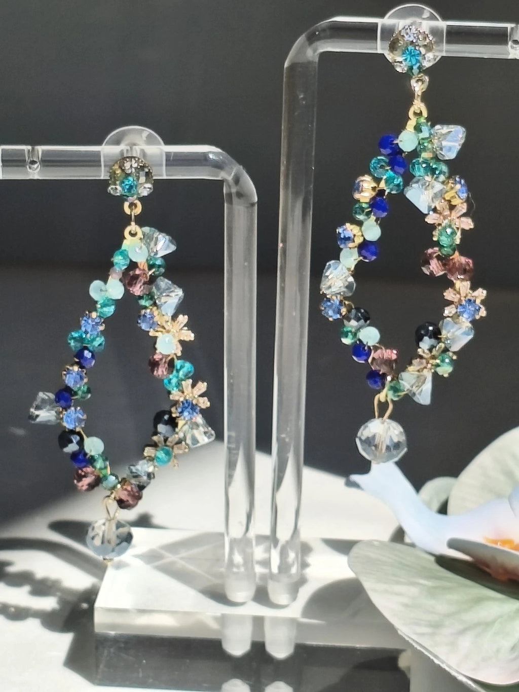 Bohemian Multicolor Crystal Beaded Hoop Drop Earrings, Hypoallergenic Gold Plated Dangle Earrings