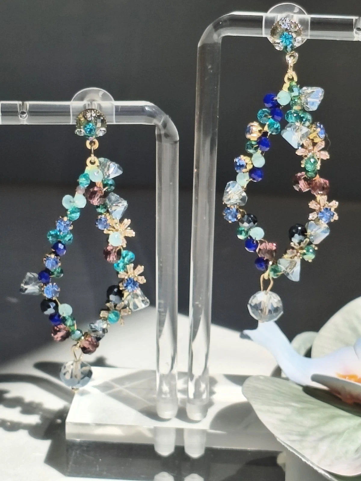 Bohemian Multicolor Crystal Beaded Hoop Drop Earrings, Hypoallergenic Gold Plated Dangle Earrings